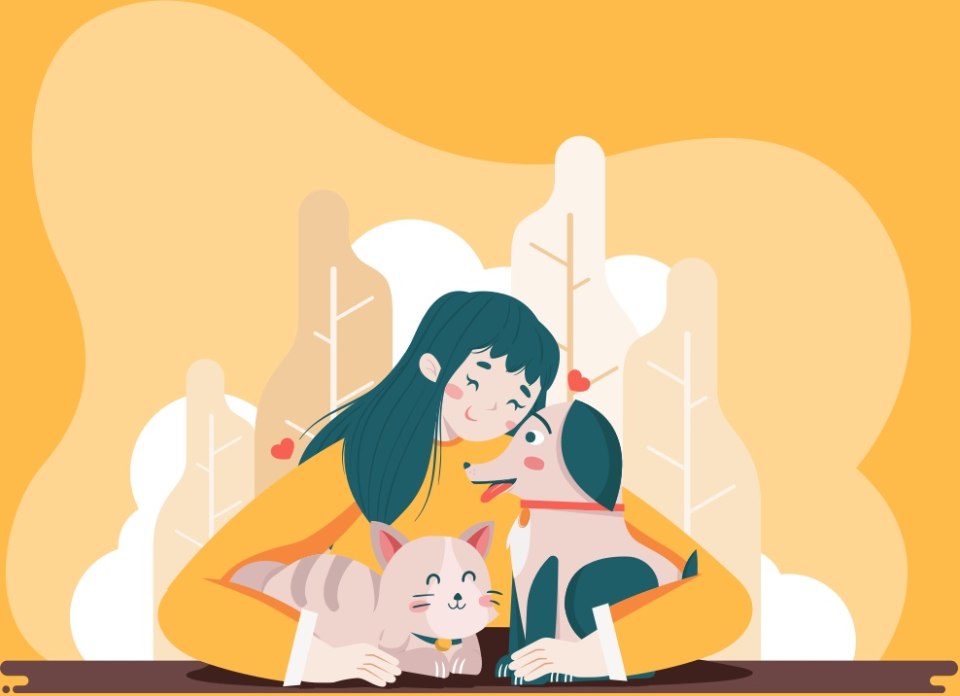 PocketPet app illustration — girl with cat and dog